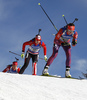 Susan Dunklee of USA (R), Megan tandy of Canada and Fanny Horn Birkeland of Norway skiing during the Women relay race of IBU Biathlon World Cup in Hochfilzen, Austria. Women relay race of IBU Biathlon World cup was held on Sunday, 13th of December 2015 in Hochfilzen, Austria.
