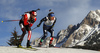 Nathan Smith of Canada (L) and Lukas Hofer of Italy skiing during the Men relay race of IBU Biathlon World Cup in Hochfilzen, Austria. Men relay race of IBU Biathlon World cup was held on Sunday, 13th of December 2015 in Hochfilzen, Austria.
