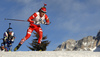 Quentin Fillon Maillet of France (L) and Johannes Thingnes Boe of Norway skiing during the Men relay race of IBU Biathlon World Cup in Hochfilzen, Austria. Men relay race of IBU Biathlon World cup was held on Sunday, 13th of December 2015 in Hochfilzen, Austria.
