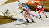 Dmitry Malyshko of Russia (L) and Tarjei Boe oF Norway skiing during the Men relay race of IBU Biathlon World Cup in Hochfilzen, Austria. Men relay race of IBU Biathlon World cup was held on Sunday, 13th of December 2015 in Hochfilzen, Austria.
