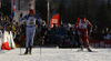 Mikko Loukkaanhuhta of Finland is lapped by Emil Hegle Svendsen of Norway during the Men relay race of IBU Biathlon World Cup in Hochfilzen, Austria. Men relay race of IBU Biathlon World cup was held on Sunday, 13th of December 2015 in Hochfilzen, Austria.
