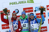 Ole Einar Bjoerndalen of Norway (L), winner Simon Schempp of Germany and Evgeniy Garanichev of Russia celebrate their medals won in the Men sprint race of IBU Biathlon World Cup in Pokljuka, Slovenia. Men sprint race of IBU Biathlon World cup was held on Thursday, 17th of December 2015 in Pokljuka, Slovenia.
