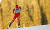 Synnoeve Solemdal of Norway skiing in the Women sprint race of IBU Biathlon World Cup in Pokljuka, Slovenia. Women sprint race of IBU Biathlon World cup was held on Friday, 18th of December 2015 in Pokljuka, Slovenia.
