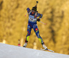 Winner Marie Dorin Habert of France skiing in the Women sprint race of IBU Biathlon World Cup in Pokljuka, Slovenia. Women sprint race of IBU Biathlon World cup was held on Friday, 18th of December 2015 in Pokljuka, Slovenia.
