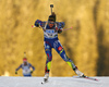 Winner Marie Dorin Habert of France skiing in the Women sprint race of IBU Biathlon World Cup in Pokljuka, Slovenia. Women sprint race of IBU Biathlon World cup was held on Friday, 18th of December 2015 in Pokljuka, Slovenia.
