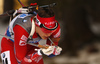 Synnoeve Solemdal of Norway skiing in the Women sprint race of IBU Biathlon World Cup in Pokljuka, Slovenia. Women sprint race of IBU Biathlon World cup was held on Friday, 18th of December 2015 in Pokljuka, Slovenia.
