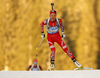Hilde Fenne of Norway skiing in the Women sprint race of IBU Biathlon World Cup in Pokljuka, Slovenia. Women sprint race of IBU Biathlon World cup was held on Friday, 18th of December 2015 in Pokljuka, Slovenia.
