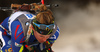 Marie Dorin Habert of France skiing in the Women sprint race of IBU Biathlon World Cup in Pokljuka, Slovenia. Women sprint race of IBU Biathlon World cup was held on Friday, 18th of December 2015 in Pokljuka, Slovenia.
