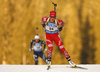 Tiril Eckhoff of Norway skiing in the Women sprint race of IBU Biathlon World Cup in Pokljuka, Slovenia. Women sprint race of IBU Biathlon World cup was held on Friday, 18th of December 2015 in Pokljuka, Slovenia.

