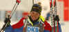 Winner Marie Dorin Habert of France celebrates his medal won in the Women sprint race of IBU Biathlon World Cup in Pokljuka, Slovenia. Women sprint race of IBU Biathlon World cup was held on Friday, 18th of December 2015 in Pokljuka, Slovenia.
