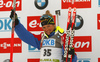 Winner Marie Dorin Habert of France celebrates his medal won in the Women sprint race of IBU Biathlon World Cup in Pokljuka, Slovenia. Women sprint race of IBU Biathlon World cup was held on Friday, 18th of December 2015 in Pokljuka, Slovenia.
