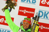 Second placed Laura Dahlmeier of Germany celebrates his medal won in the Women sprint race of IBU Biathlon World Cup in Pokljuka, Slovenia. Women sprint race of IBU Biathlon World cup was held on Friday, 18th of December 2015 in Pokljuka, Slovenia.
