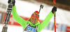 Third placed Franziska Hildebrand of Germany celebrates his medal won in the Women sprint race of IBU Biathlon World Cup in Pokljuka, Slovenia. Women sprint race of IBU Biathlon World cup was held on Friday, 18th of December 2015 in Pokljuka, Slovenia.
