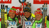 Winner Marie Dorin Habert of France (M), second placed Laura Dahlmeier of Germany (L) and third placed Franziska Hildebrand of Germany celebrate their medals won in the Women sprint race of IBU Biathlon World Cup in Pokljuka, Slovenia. Women sprint race of IBU Biathlon World cup was held on Friday, 18th of December 2015 in Pokljuka, Slovenia.
