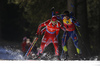 Ole Einar Bjoerndalen of Norway (L) and Martin Fourcade of France (R) skiing in the Men pursuit race of IBU Biathlon World Cup in Pokljuka, Slovenia. Men pursuit race of IBU Biathlon World cup was held on Saturday, 19th of December 2015 in Pokljuka, Slovenia.
