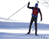 Winner Simon Schempp of Germany crossing finish line and celebrating his victory in the Men pursuit race of IBU Biathlon World Cup in Pokljuka, Slovenia. Men pursuit race of IBU Biathlon World cup was held on Saturday, 19th of December 2015 in Pokljuka, Slovenia.
