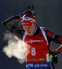 Benedikt Doll of Germany during zeroing before start of the Men pursuit race of IBU Biathlon World Cup in Pokljuka, Slovenia. Men pursuit race of IBU Biathlon World cup was held on Saturday, 19th of December 2015 in Pokljuka, Slovenia.
