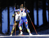 Second placed Marie Dorin Habert of France (front) and winner Laura Dahlmeier of Germany (back) skiing in the Women pursuit race of IBU Biathlon World Cup in Pokljuka, Slovenia. Women pursuit race of IBU Biathlon World cup was held on Saturday, 19th of December 2015 in Pokljuka, Slovenia.
