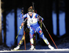 Second placed Marie Dorin Habert of France (front) and winner Laura Dahlmeier of Germany (back) skiing in the Women pursuit race of IBU Biathlon World Cup in Pokljuka, Slovenia. Women pursuit race of IBU Biathlon World cup was held on Saturday, 19th of December 2015 in Pokljuka, Slovenia.
