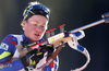 Second placed Marie Dorin Habert of France getting ready for last shooting in the Women pursuit race of IBU Biathlon World Cup in Pokljuka, Slovenia. Women pursuit race of IBU Biathlon World cup was held on Saturday, 19th of December 2015 in Pokljuka, Slovenia.

