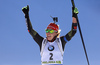 Winner Laura Dahlmeier of Germany celebrating her victory while crossing the finish line in the Women pursuit race of IBU Biathlon World Cup in Pokljuka, Slovenia. Women pursuit race of IBU Biathlon World cup was held on Saturday, 19th of December 2015 in Pokljuka, Slovenia.
