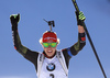 Winner Laura Dahlmeier of Germany celebrating her victory while crossing the finish line in the Women pursuit race of IBU Biathlon World Cup in Pokljuka, Slovenia. Women pursuit race of IBU Biathlon World cup was held on Saturday, 19th of December 2015 in Pokljuka, Slovenia.
