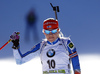 Third placed Kaisa Makarainen of Finland celebrates while crossing the finish line in the Women pursuit race of IBU Biathlon World Cup in Pokljuka, Slovenia. Women pursuit race of IBU Biathlon World cup was held on Saturday, 19th of December 2015 in Pokljuka, Slovenia.

