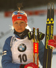 Kaisa Makarainen of Finland celebrates her medal won in the Women pursuit race of IBU Biathlon World Cup in Pokljuka, Slovenia. Women pursuit race of IBU Biathlon World cup was held on Saturday, 19th of December 2015 in Pokljuka, Slovenia.
