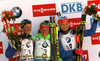 Marie Dorin Habert of France (L), winner Laura Dahlmeier of Germany and second placed Kaisa Makarainen of Finland  celebrates their medals won in the Women pursuit race of IBU Biathlon World Cup in Pokljuka, Slovenia. Women pursuit race of IBU Biathlon World cup was held on Saturday, 19th of December 2015 in Pokljuka, Slovenia.
