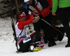 Megan Tandy of Canada collapses during the Women pursuit race of IBU Biathlon World Cup in Pokljuka, Slovenia. Women pursuit race of IBU Biathlon World cup was held on Saturday, 19th of December 2015 in Pokljuka, Slovenia.
