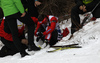 Megan Tandy of Canada collapses during the Women pursuit race of IBU Biathlon World Cup in Pokljuka, Slovenia. Women pursuit race of IBU Biathlon World cup was held on Saturday, 19th of December 2015 in Pokljuka, Slovenia.
