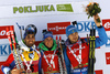 Martin Fourcade of France (L), Simon Schempp of Germany and Anton Shipulin of Russia celebrates their medals won in the Men pursuit race of IBU Biathlon World Cup in Pokljuka, Slovenia. Men pursuit race of IBU Biathlon World cup was held on Saturday, 19th of December 2015 in Pokljuka, Slovenia.
