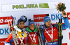 Martin Fourcade of France (L), Simon Schempp of Germany and Anton Shipulin of Russia celebrates their medals won in the Men pursuit race of IBU Biathlon World Cup in Pokljuka, Slovenia. Men pursuit race of IBU Biathlon World cup was held on Saturday, 19th of December 2015 in Pokljuka, Slovenia.
