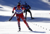 Second placed Emil Hegle Svendsen of Norway (L) sprinting in the Men mass start race of IBU Biathlon World Cup in Pokljuka, Slovenia. Men mass start race of IBU Biathlon World cup was held on Sunday, 20th of December 2015 in Pokljuka, Slovenia.
