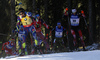 Martin Fourcade of France skiing in the Men mass start race of IBU Biathlon World Cup in Pokljuka, Slovenia. Men mass start race of IBU Biathlon World cup was held on Sunday, 20th of December 2015 in Pokljuka, Slovenia.
