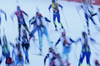 Biathletes skiing in the Women mass start race of IBU Biathlon World Cup in Pokljuka, Slovenia. Women mass start race of IBU Biathlon World cup was held on Sunday, 20th of December 2015 in Pokljuka, Slovenia.

