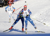 Winner Kaisa Makarainen of Finland (back) following leading duo of Veronika Vitkova of Czech (front) and Gabriela Soukalova of Czech (middle) in the Women mass start race of IBU Biathlon World Cup in Pokljuka, Slovenia. Women mass start race of IBU Biathlon World cup was held on Sunday, 20th of December 2015 in Pokljuka, Slovenia.
