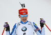 Winner Kaisa Makarainen of Finland celebrating her victory while crossing finish line in the Women mass start race of IBU Biathlon World Cup in Pokljuka, Slovenia. Women mass start race of IBU Biathlon World cup was held on Sunday, 20th of December 2015 in Pokljuka, Slovenia.
