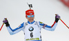 Winner Kaisa Makarainen of Finland celebrating her victory while crossing finish line in the Women mass start race of IBU Biathlon World Cup in Pokljuka, Slovenia. Women mass start race of IBU Biathlon World cup was held on Sunday, 20th of December 2015 in Pokljuka, Slovenia.
