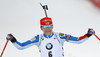 Winner Kaisa Makarainen of Finland celebrating her victory while crossing finish line in the Women mass start race of IBU Biathlon World Cup in Pokljuka, Slovenia. Women mass start race of IBU Biathlon World cup was held on Sunday, 20th of December 2015 in Pokljuka, Slovenia.
