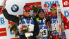 Emil Hegle Svendsen of Norway (L), winner Jean Guillaume Beatrix of France (M) and Ole Einar Bjoerndalen of Norway celebrates their medals won in the Men mass start race of IBU Biathlon World Cup in Pokljuka, Slovenia. Men mass start race of IBU Biathlon World cup was held on Sunday, 20th of December 2015 in Pokljuka, Slovenia.
