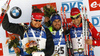 Emil Hegle Svendsen of Norway (L), winner Jean Guillaume Beatrix of France (M) and Ole Einar Bjoerndalen of Norway celebrates their medals won in the Men mass start race of IBU Biathlon World Cup in Pokljuka, Slovenia. Men mass start race of IBU Biathlon World cup was held on Sunday, 20th of December 2015 in Pokljuka, Slovenia.
