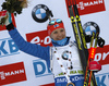  celebrates their medals won in the Women mass start race of IBU Biathlon World Cup in Pokljuka, Slovenia. Women mass start race of IBU Biathlon World cup was held on Sunday, 20th of December 2015 in Pokljuka, Slovenia.

