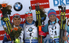 Gabriela Soukalova of Czech (L), winner Kaisa Makarainen of Finland (M) and Olga Podchufarova of Russia celebrates their medals won in the Women mass start race of IBU Biathlon World Cup in Pokljuka, Slovenia. Women mass start race of IBU Biathlon World cup was held on Sunday, 20th of December 2015 in Pokljuka, Slovenia.
