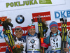 Gabriela Soukalova of Czech (L), winner Kaisa Makarainen of Finland (M) and Olga Podchufarova of Russia celebrates their medals won in the Women mass start race of IBU Biathlon World Cup in Pokljuka, Slovenia. Women mass start race of IBU Biathlon World cup was held on Sunday, 20th of December 2015 in Pokljuka, Slovenia.
