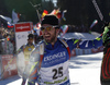 Jean Guillaume Beatrix of France in finish of the Men mass start race of IBU Biathlon World Cup in Pokljuka, Slovenia. Men mass start race of IBU Biathlon World cup was held on Sunday, 20th of December 2015 in Pokljuka, Slovenia.
