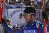 Jean Guillaume Beatrix of France in finish of the Men mass start race of IBU Biathlon World Cup in Pokljuka, Slovenia. Men mass start race of IBU Biathlon World cup was held on Sunday, 20th of December 2015 in Pokljuka, Slovenia.
