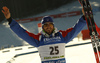 Jean Guillaume Beatrix of France celebrates his medal won in the Men mass start race of IBU Biathlon World Cup in Pokljuka, Slovenia. Men mass start race of IBU Biathlon World cup was held on Sunday, 20th of December 2015 in Pokljuka, Slovenia.
