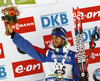 Jean Guillaume Beatrix of France celebrates his medal won in the Men mass start race of IBU Biathlon World Cup in Pokljuka, Slovenia. Men mass start race of IBU Biathlon World cup was held on Sunday, 20th of December 2015 in Pokljuka, Slovenia.

