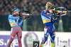 v.L. Ekaterina Yurlova (Russia), Marie Dorin-Habert (France) during the IBU Biathlon World Cup at Veltins Arena in Gelsenkirchen, Germany on 2015/12/28.
